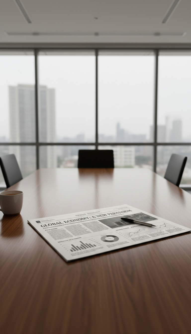 An elegantly designed, neutral-hued newspaper resting unfolded on a polished oak table in an airy, modern office environment. The newspaper features crisp columns of text, unobtrusive headers, and structured infographics printed in grayscale to maintain a polished look. Diffused daylight pours in from floor-to-ceiling glass windows, creating soft highlights across the paper and subtle reflections on the table’s surface. The composition is set at a slightly elevated angle, framing the scene with balanced symmetry and clear spatial organization. The mood is calm, authoritative, and analytical, with a photographic, corporate aesthetic that communicates insight and transparency—ideal for an investigative news platform.